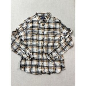 George Flannel Shirt Men's XL Beige Blue Brown Plaid Long Sleeve Button Up